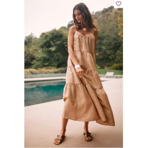 Anthropologie Eberjey Tan Linen Kesia Tiered Sleeveless Maxi Dress Size Medium - Picture 1 of 15